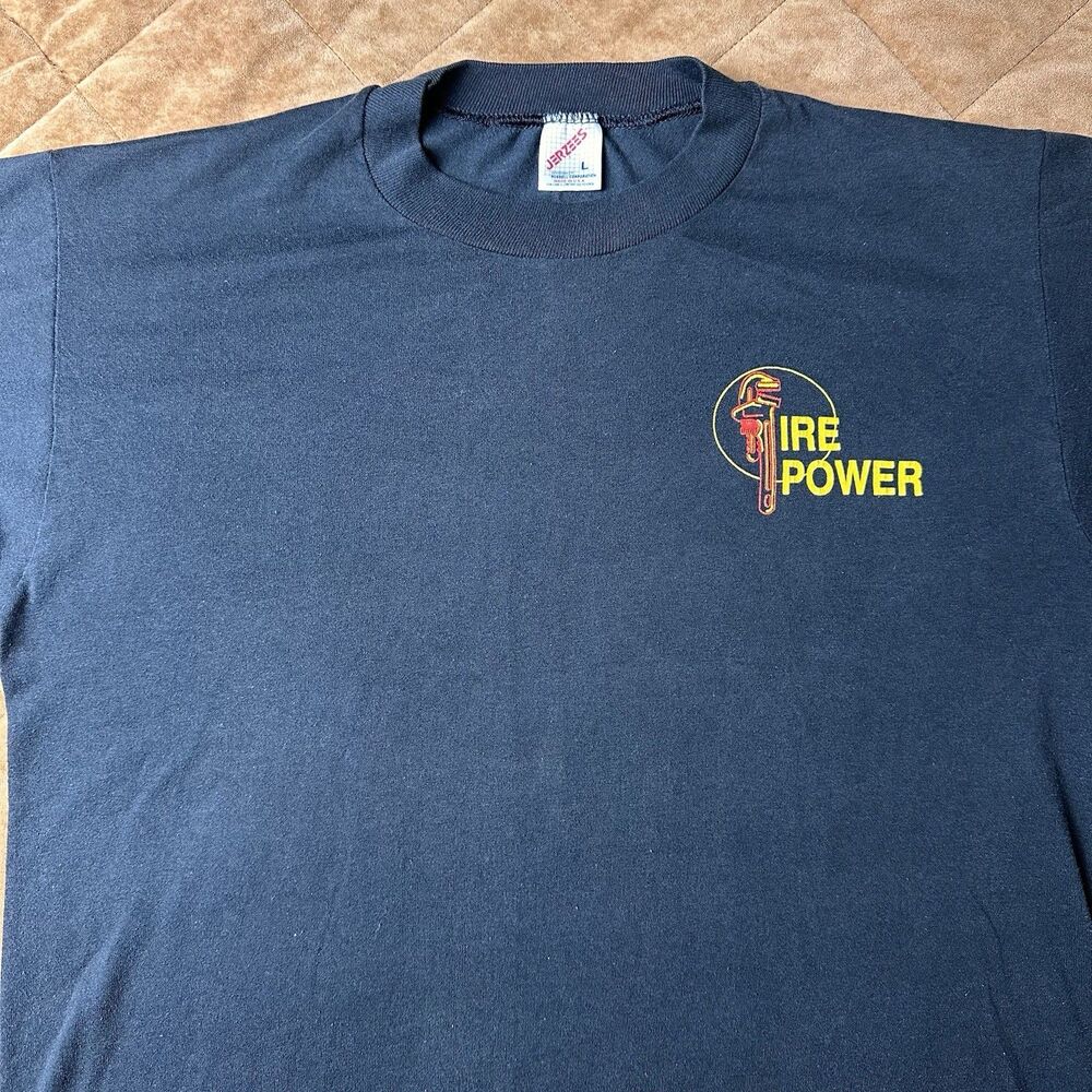 Vintage T Shirt Single Stitch Tools Pipe Wrench 80s Fire Power Mens Large Black
